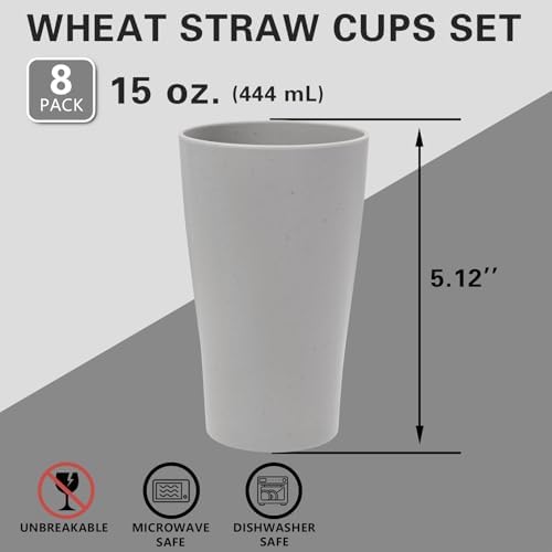 EI Wheat Straw Cups 8-Piece Set Plastic Reusable 15oz Grey Unbreakable Glassware