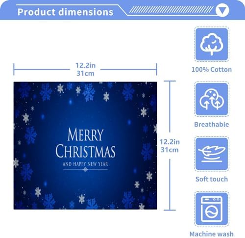 Merry Christmas Blue Washcloths 2 Pack Soft Absorbent Cotton Face Towels