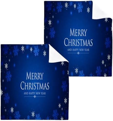 Merry Christmas Blue Washcloths 2 Pack Soft Absorbent Cotton Face Towels