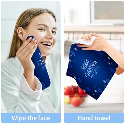 Merry Christmas Blue Washcloths 2 Pack Soft Absorbent Cotton Face Towels