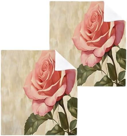 Xigua Rose Washcloth Set with Green Leaves 12x12-inch 2-12 Piece Set