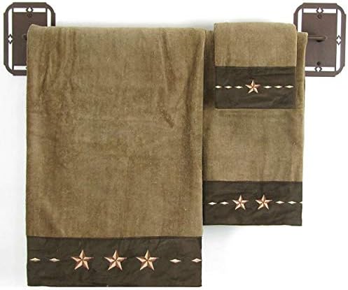 Rustic Bathroom Towels Set by HiEnd Accents - Mocha Cabin Themed with Star Embroidery