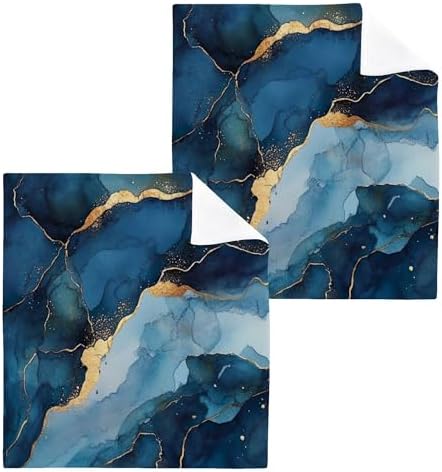 Xigua Blue and Gold Marble Washcloths Set of 2