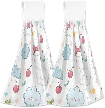 Kawaii Pastel Cloud Hand Towel Set of 2 with Hanging Loop
