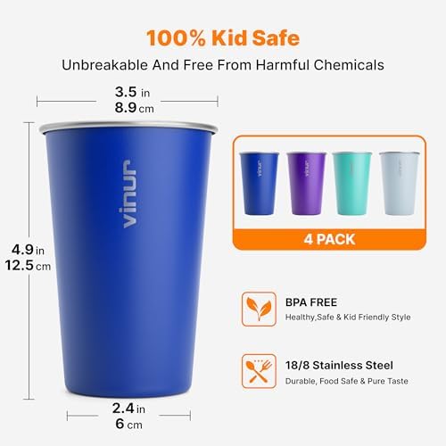 Stainless Steel Pint Glasses 4-Pack 16 Oz Child-Friendly Durable Eco-Friendly