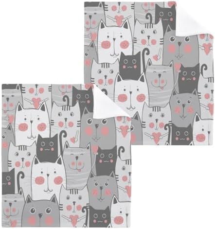 2 x Grey Cat Cotton Washcloths Highly Absorbent Soft Multi-Purpose Towels
