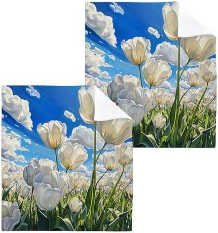 White Tulips Washcloth Set Perfect for Hands Face and Body