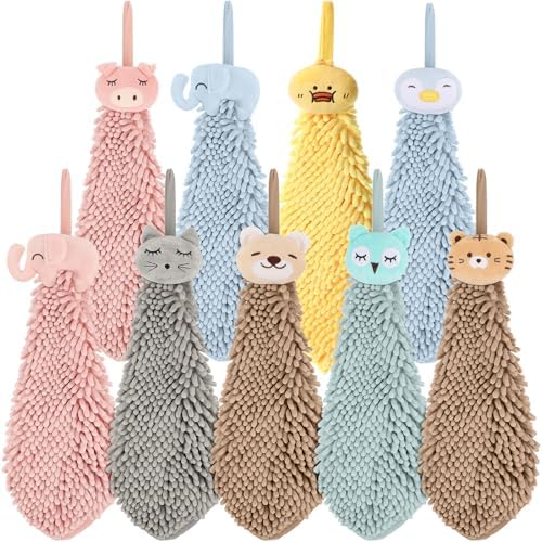 Chumia 9 Pack Cute Chenille Soft Cartoon Animal Hand Towels with Hanging Loopler