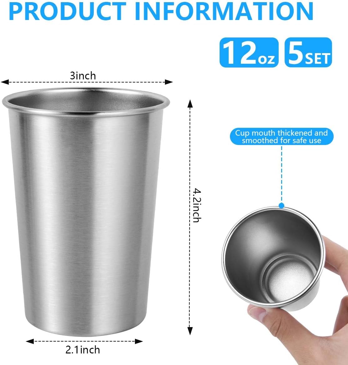 5Pack 12oz Stainless Steel Pint Cups