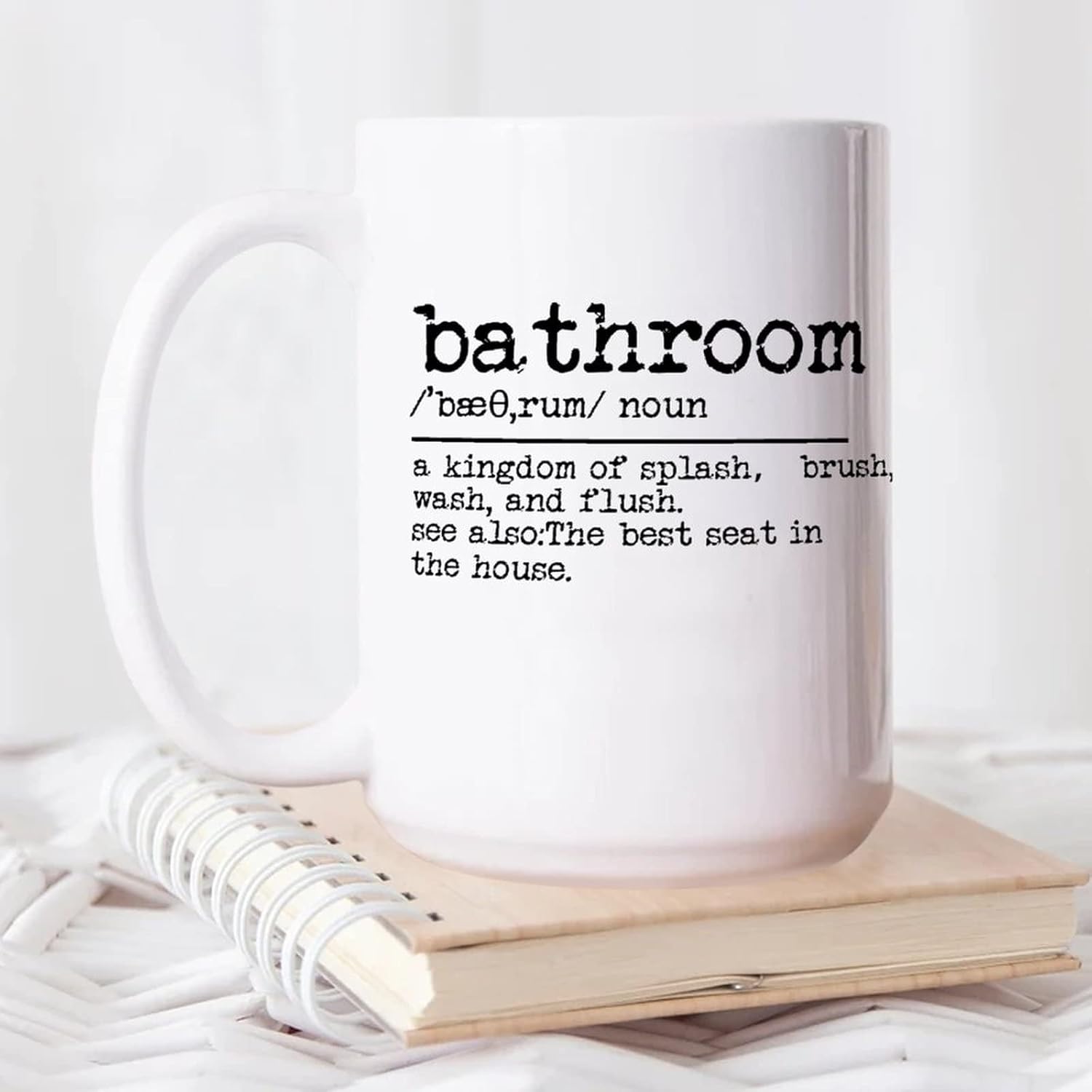 15oz White Ceramic Coffee Mug with bathroom-themed dictionary