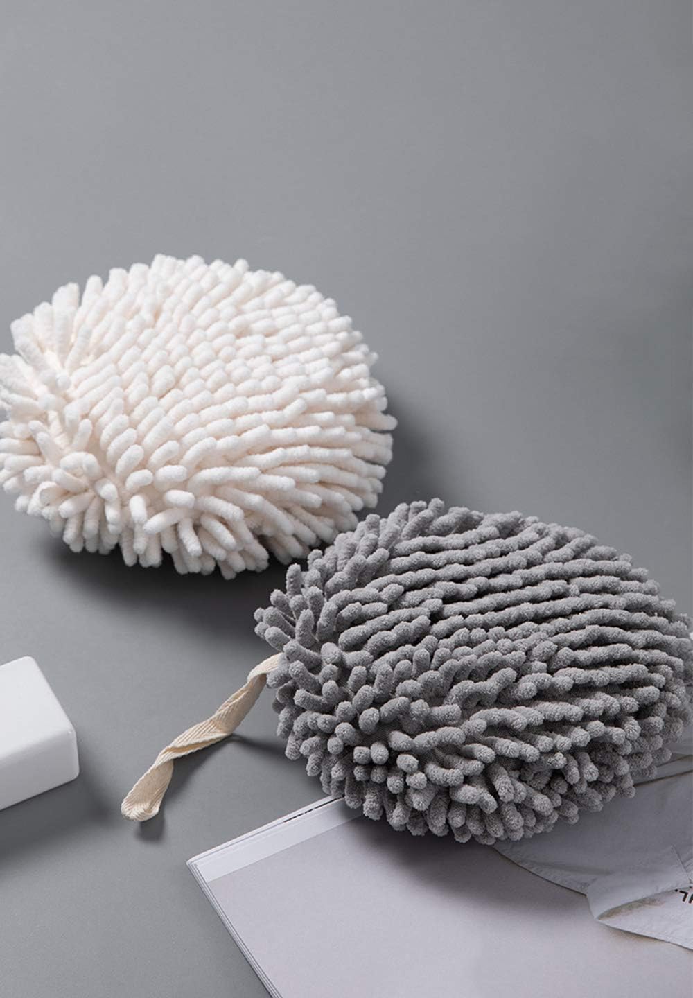 Soft Absorbent Chenille Hand Towels Set of Two White and Grey