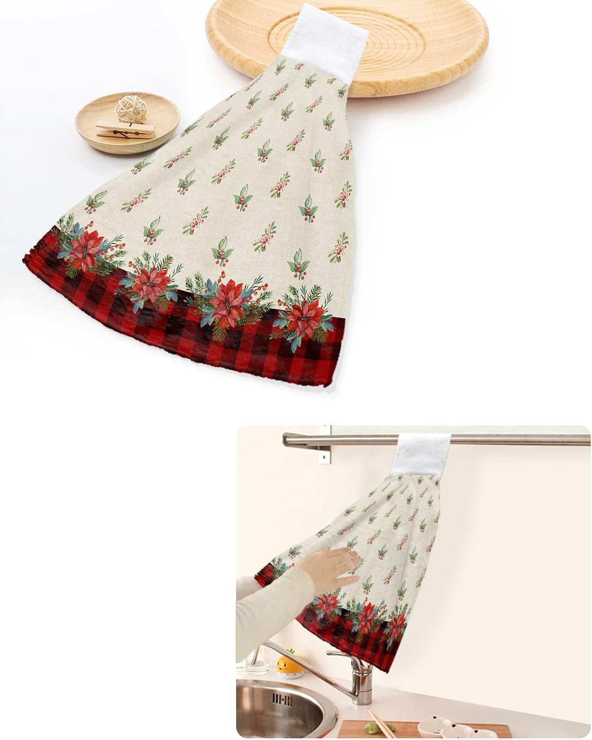 Chucoco Hanging Tie Towel 1-Piece kitchen hand towel Reusable Red Christmas
