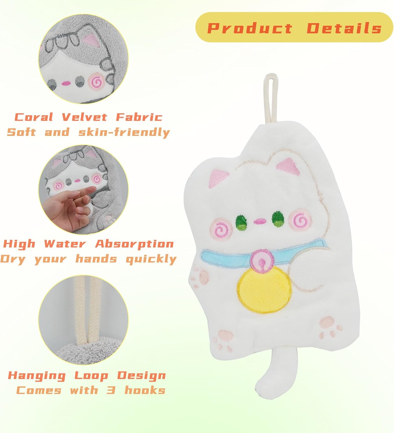 Super Absorbent Coral Velvet Cat Hand Towels 3-Pack