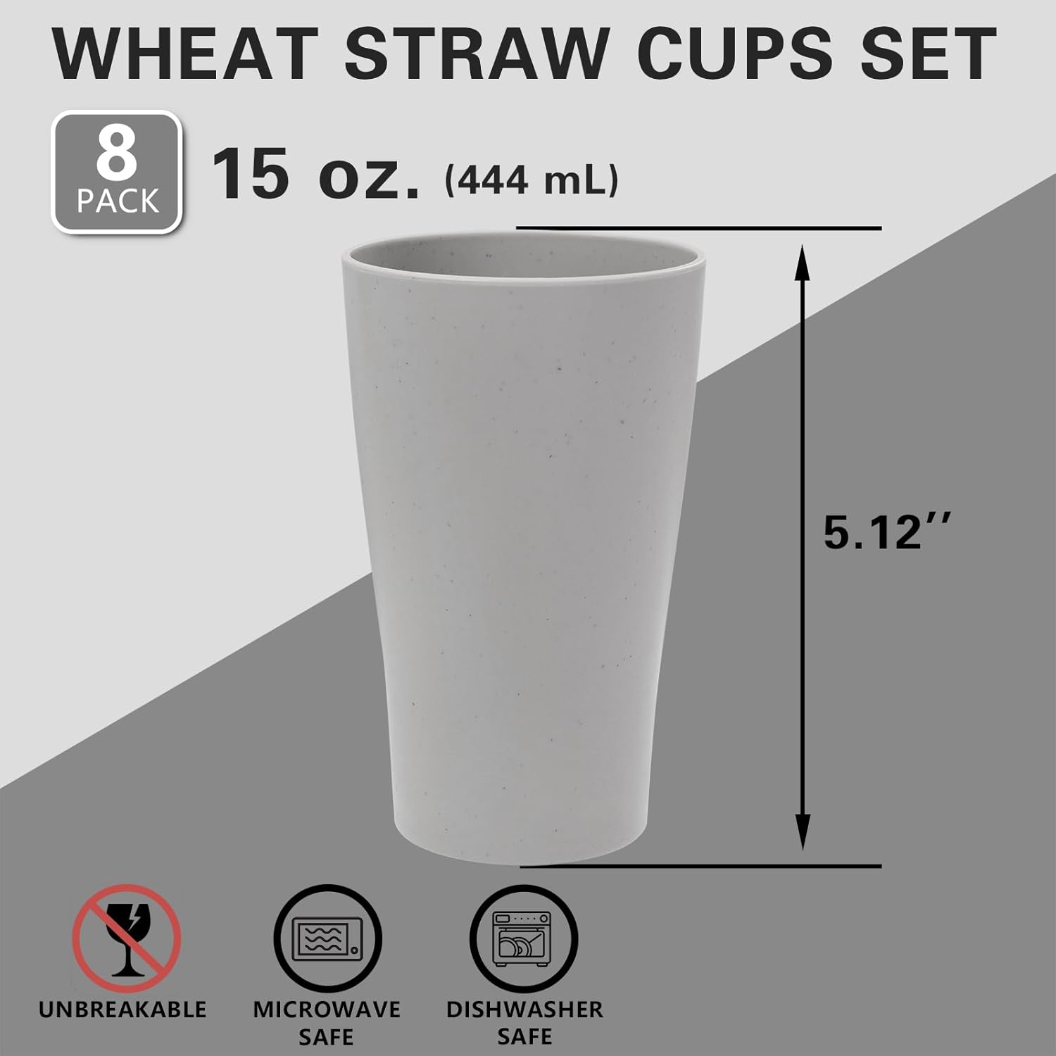 EI Wheat Straw Cups 8-Piece Set Plastic Reusable 15oz Grey Unbreakable Glassware