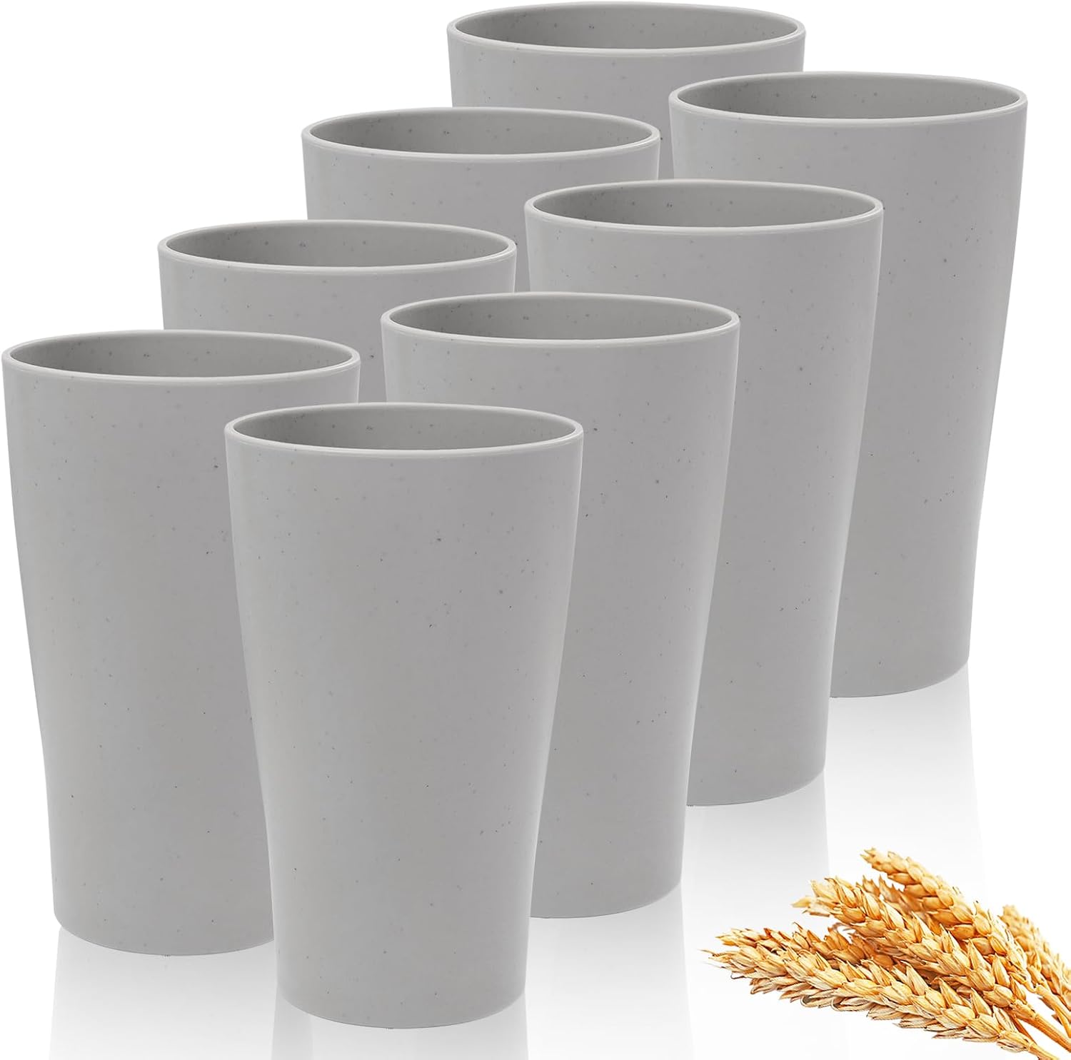 EI Wheat Straw Cups 8-Piece Set Plastic Reusable 15oz Grey Unbreakable Glassware