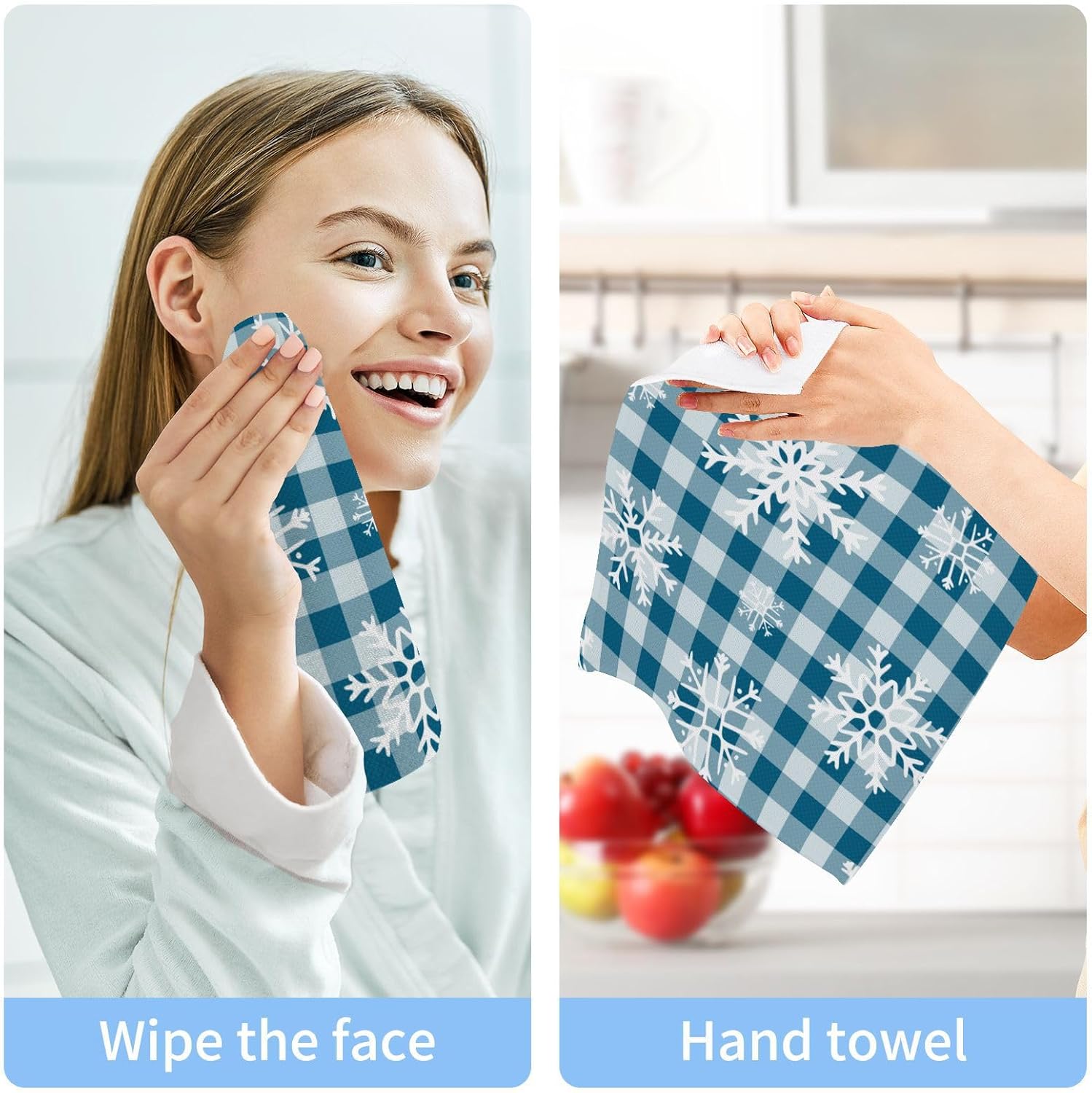 YETTASBIN Blue Snowflake Plaid Washcloths 2 Pack