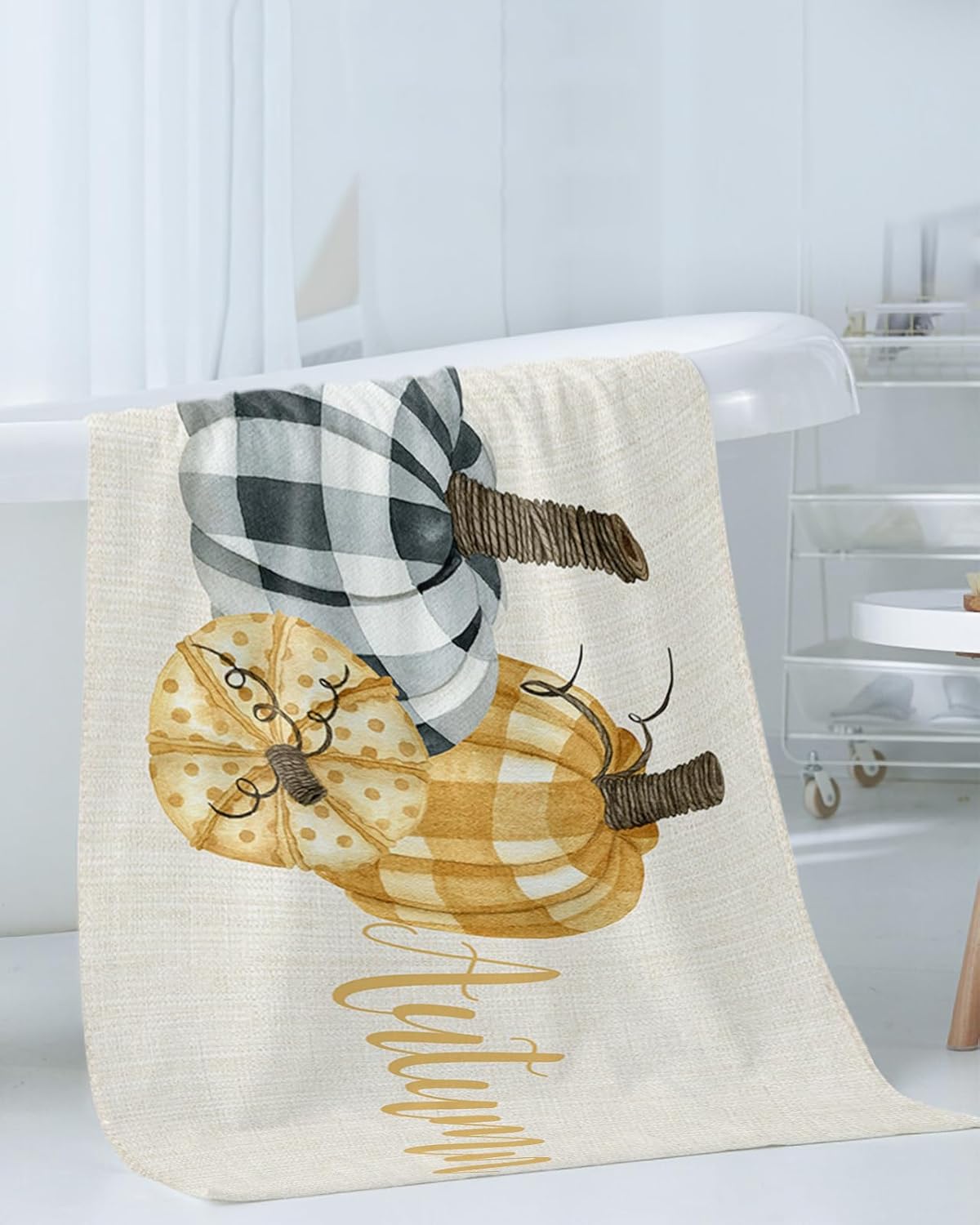 Fall pumpkin towel set with plaid leopard texture