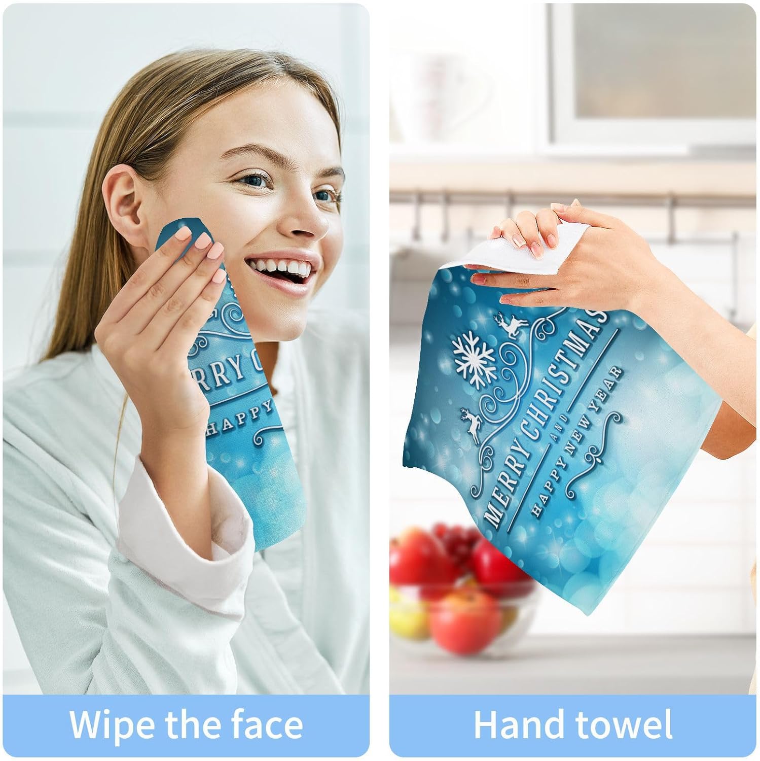 Merry Christmas Blue Washcloths 2 Pack Soft Absorbent Reusable Baby Face Towels