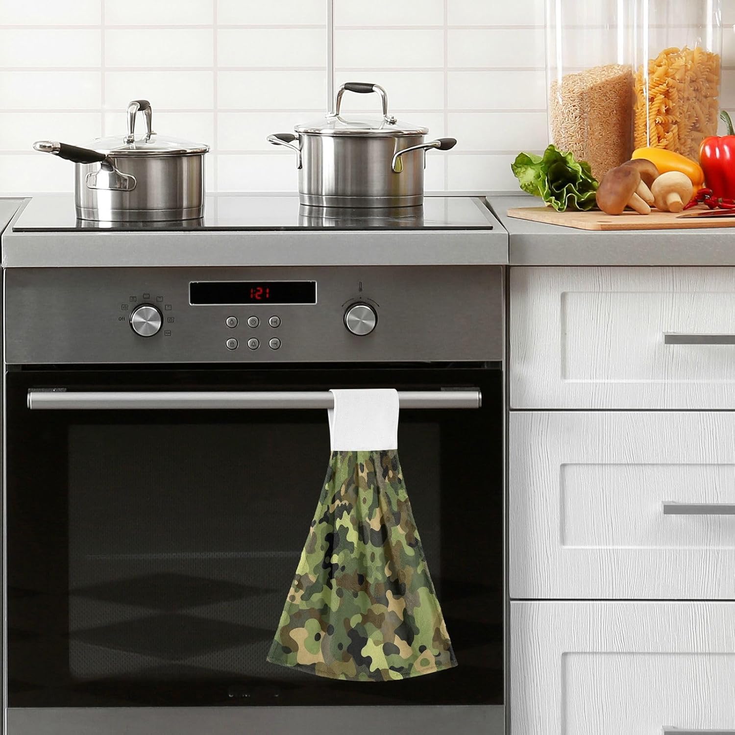 Camouflage Green Towels with Hook Loop Durable Dishcloths for Kids