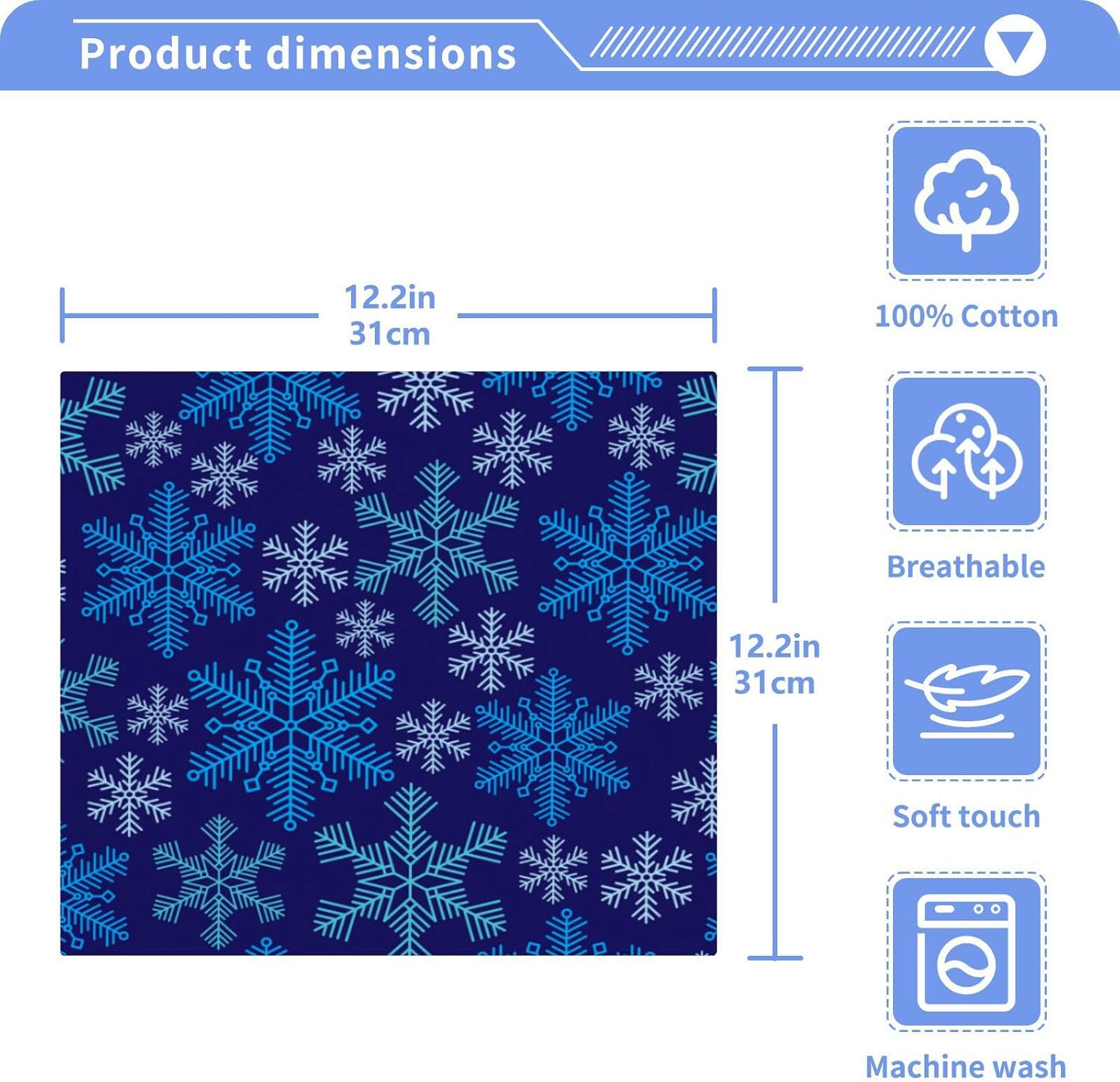 Blue Snowflake Washcloths Soft Cotton Face Towels - Reusable Washable 12x12