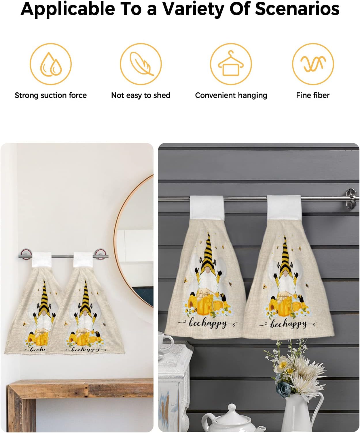 Durable Hanging Loop Towels with Bees Gnomes Design Set of 2