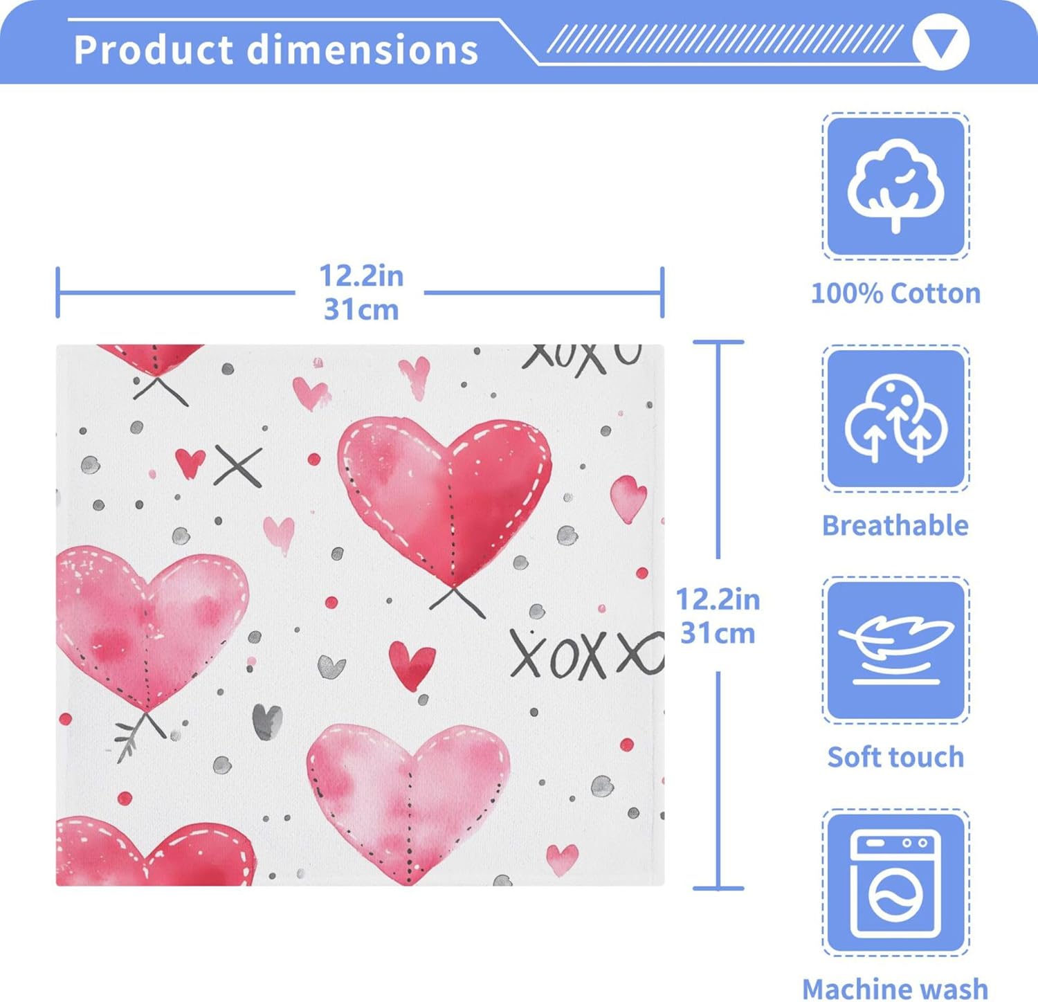 Xigua Valentines Day Hearts Washcloths Set of 2 - 12x12 Inch