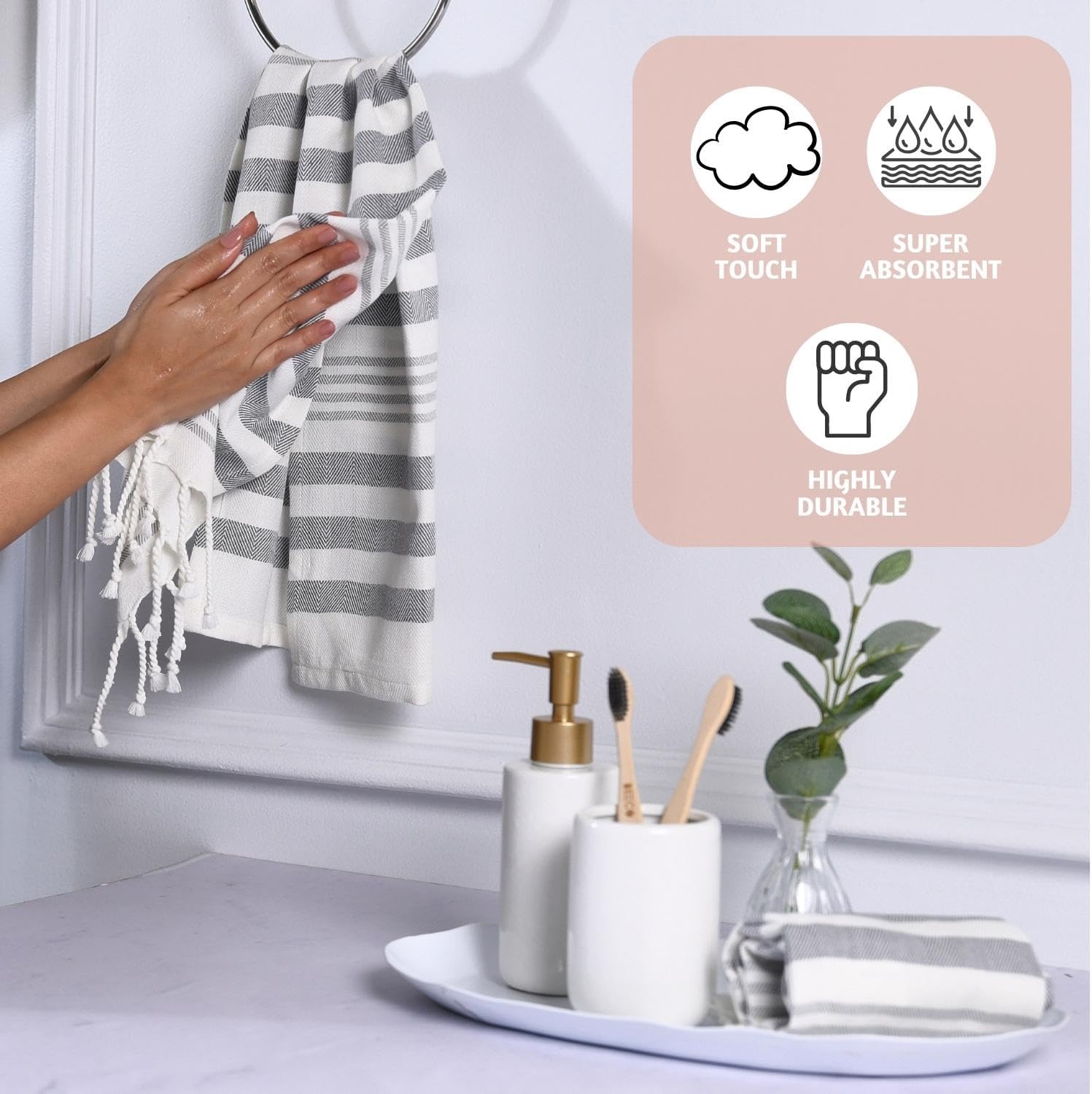 Folkulture Gray Hand Towels Set of 2 with Tassel