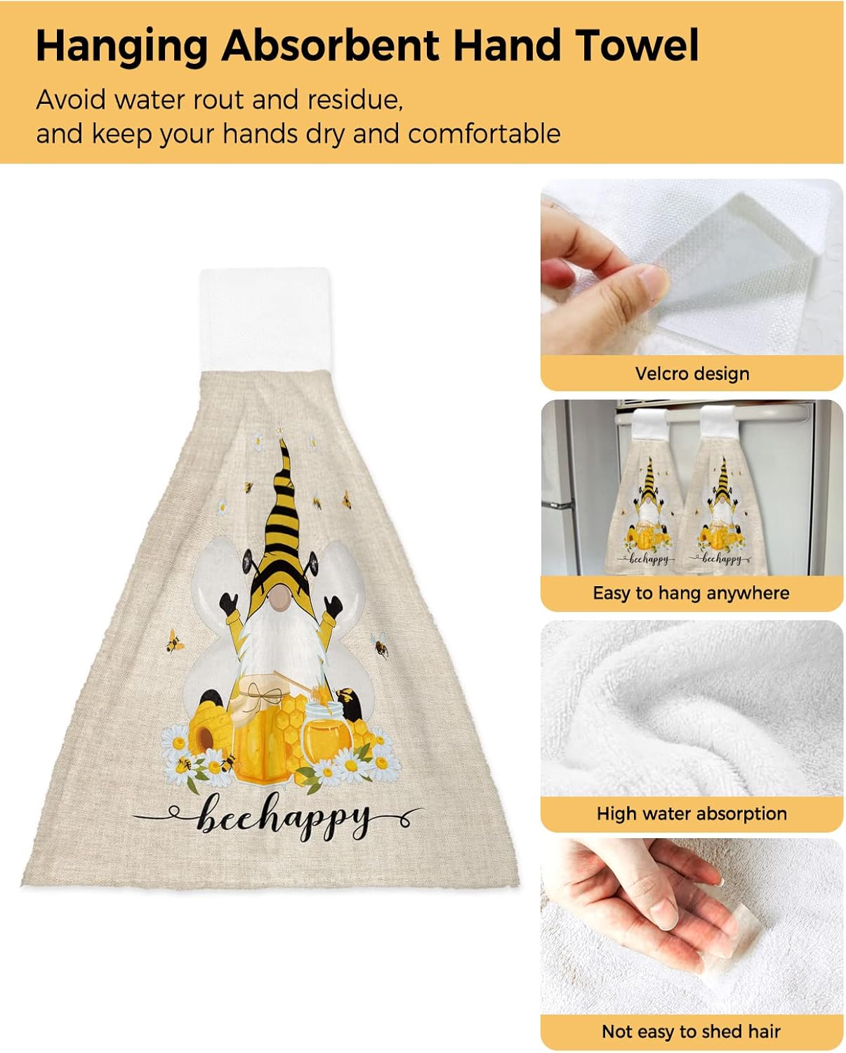 Durable Hanging Loop Towels with Bees Gnomes Design Set of 2