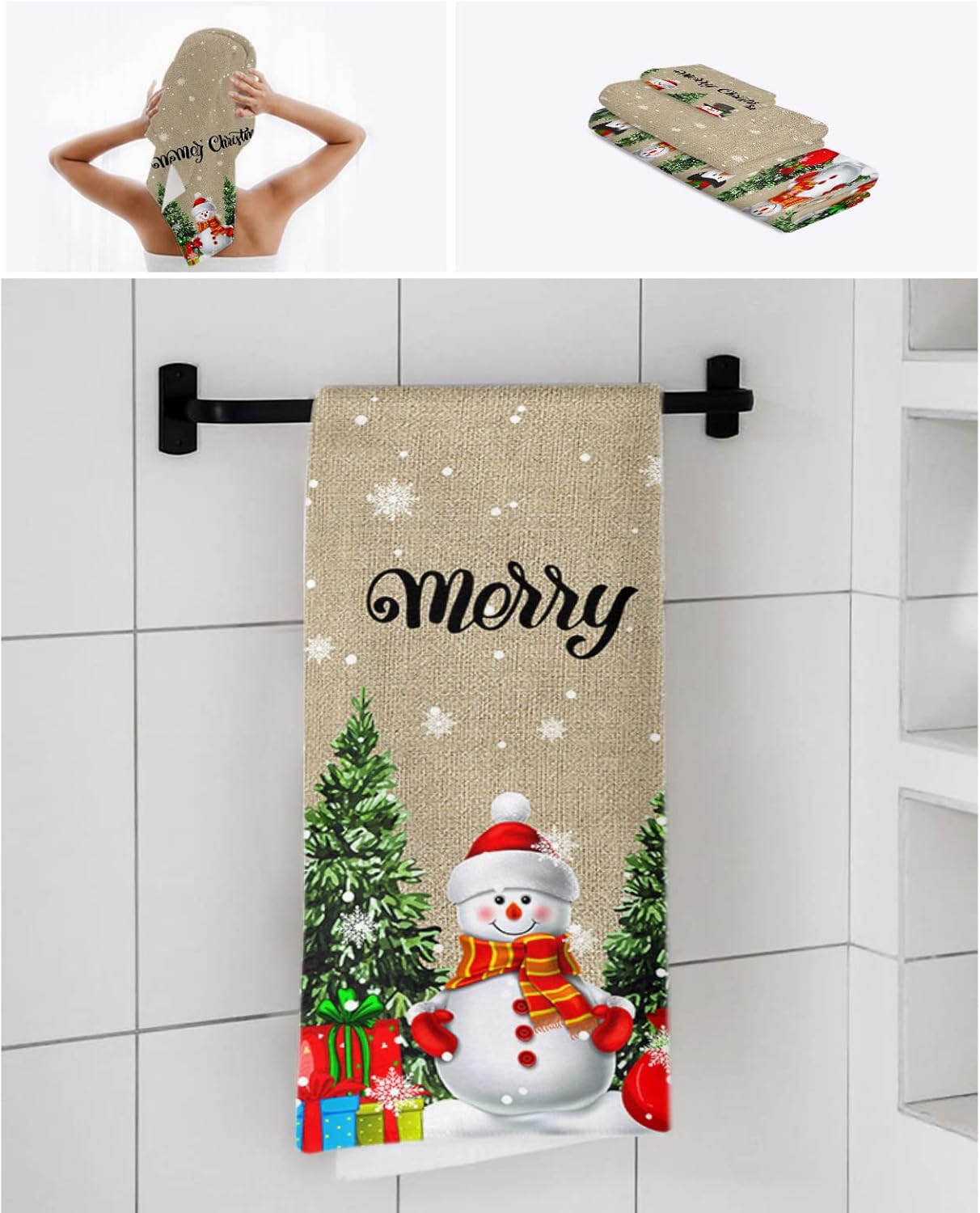 Bath Towels Set of 3 Christmas Cute Snowman Tree Design