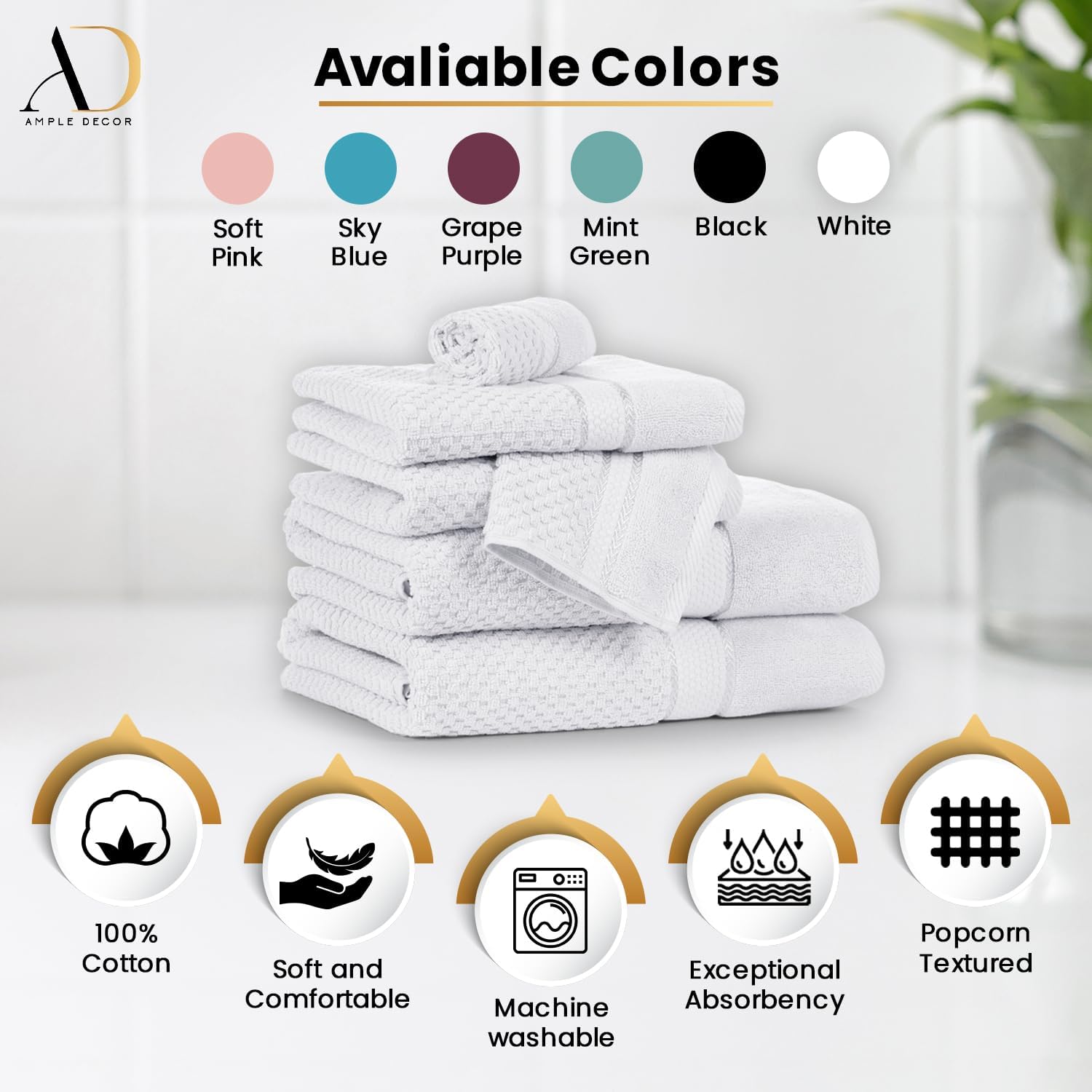 Ample Decor 6 Piece Towel Set - 100 Cotton Quick Dry