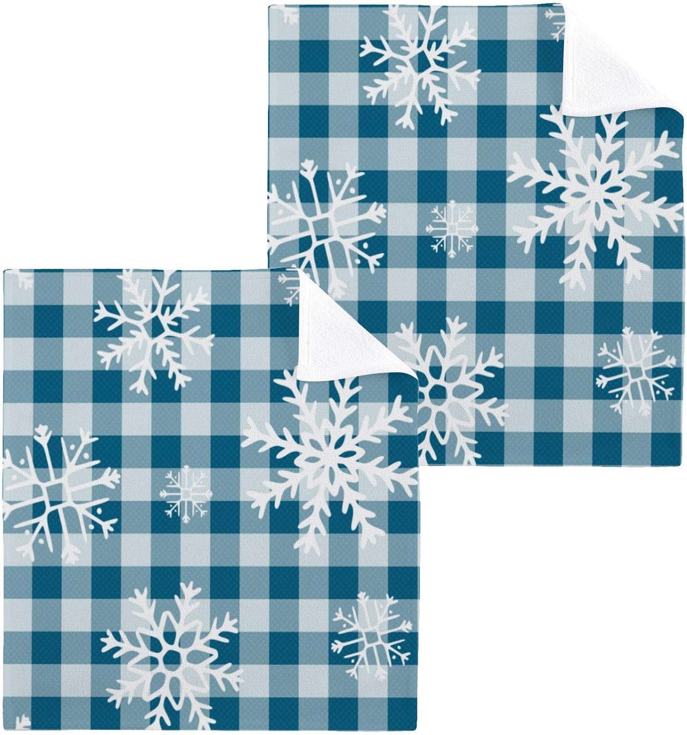 YETTASBIN Blue Snowflake Plaid Washcloths 2 Pack