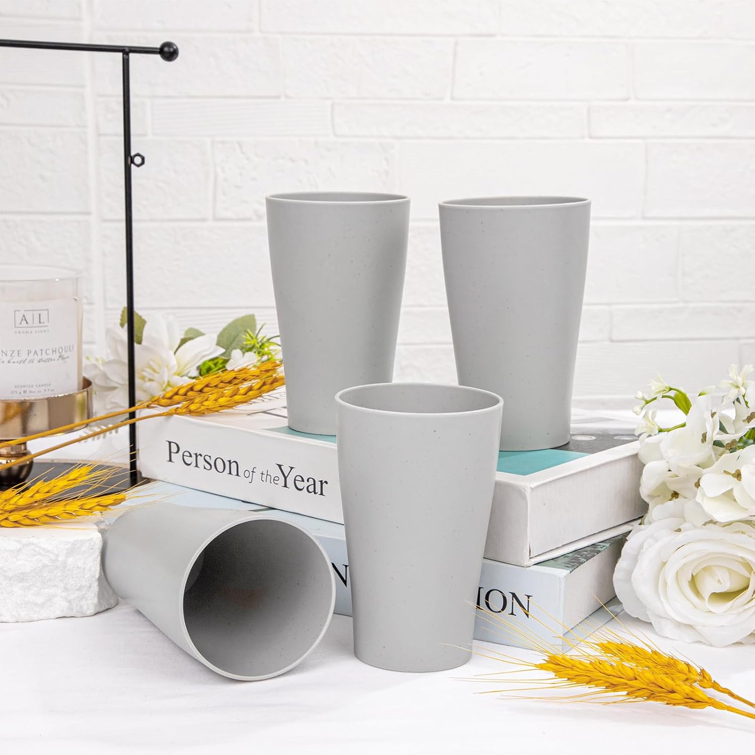 EI Wheat Straw Cups 8-Piece Set Plastic Reusable 15oz Grey Unbreakable Glassware