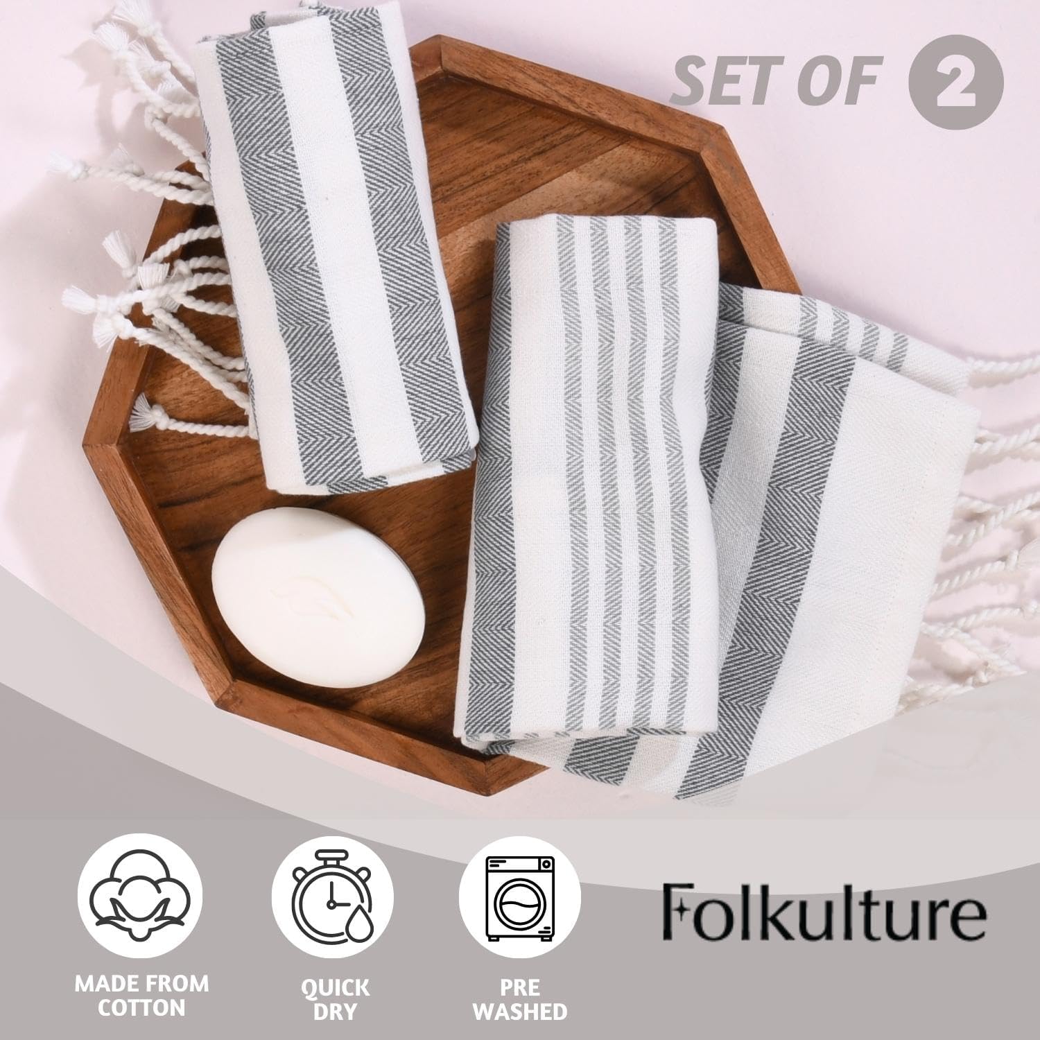 Folkulture Gray Hand Towels Set of 2 with Tassel