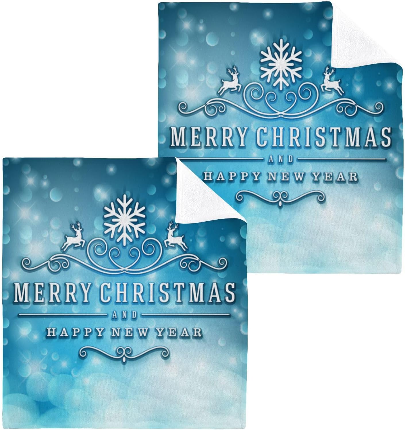 Merry Christmas Blue Washcloths 2 Pack Soft Absorbent Reusable Baby Face Towels