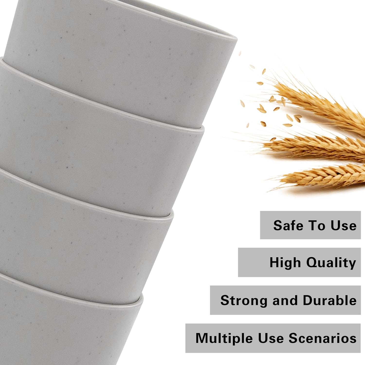 EI Wheat Straw Cups 8-Piece Set Plastic Reusable 15oz Grey Unbreakable Glassware