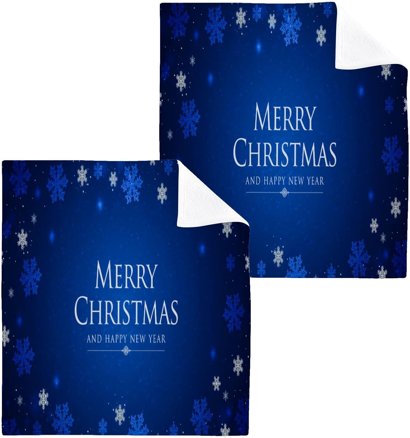 Merry Christmas Blue Washcloths 2 Pack Soft Absorbent Cotton Face Towels