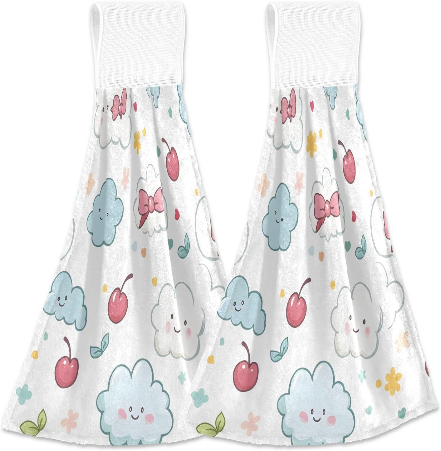Kawaii Pastel Cloud Hand Towel Set of 2 with Hanging Loop