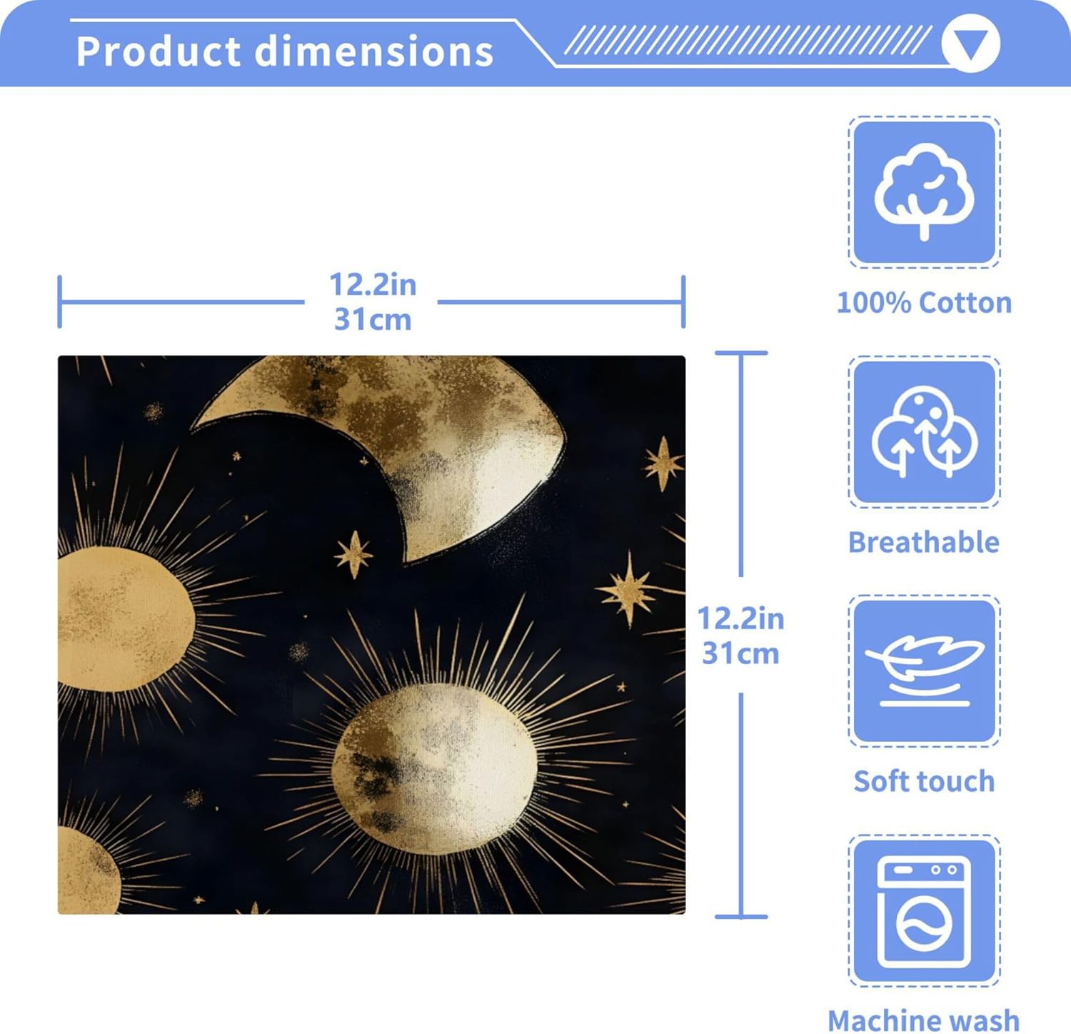 Xigua Gold Foil Washcloth Set 12x12 Moon and Star Design Fast Drying
