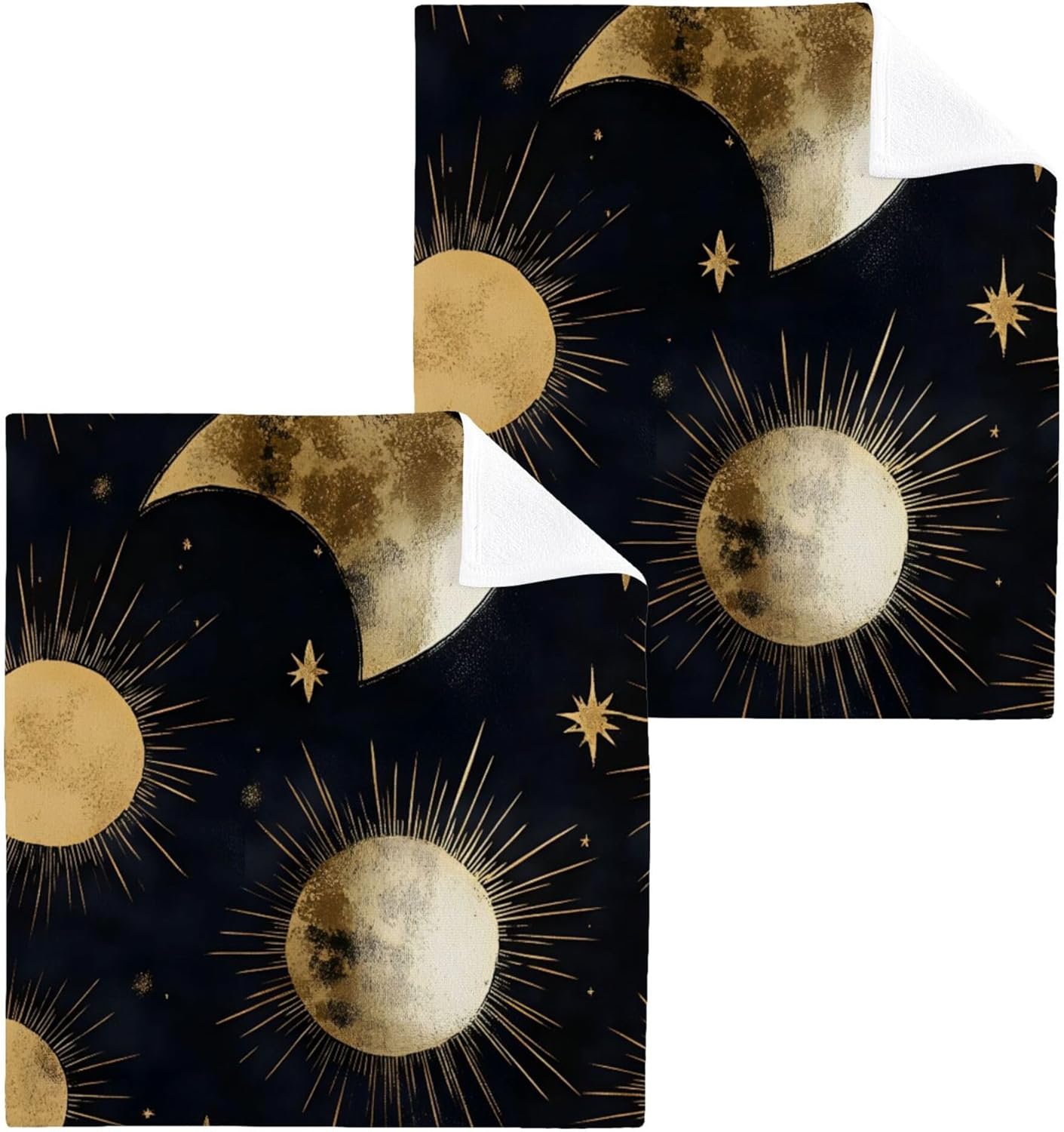Xigua Gold Foil Washcloth Set 12x12 Moon and Star Design Fast Drying