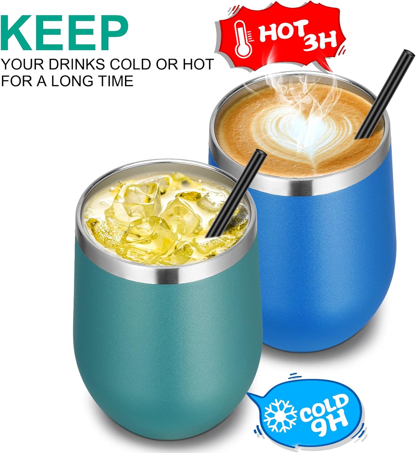 VEGOND Double Wall Stainless Steel Wine Tumbler with Lid and Straw