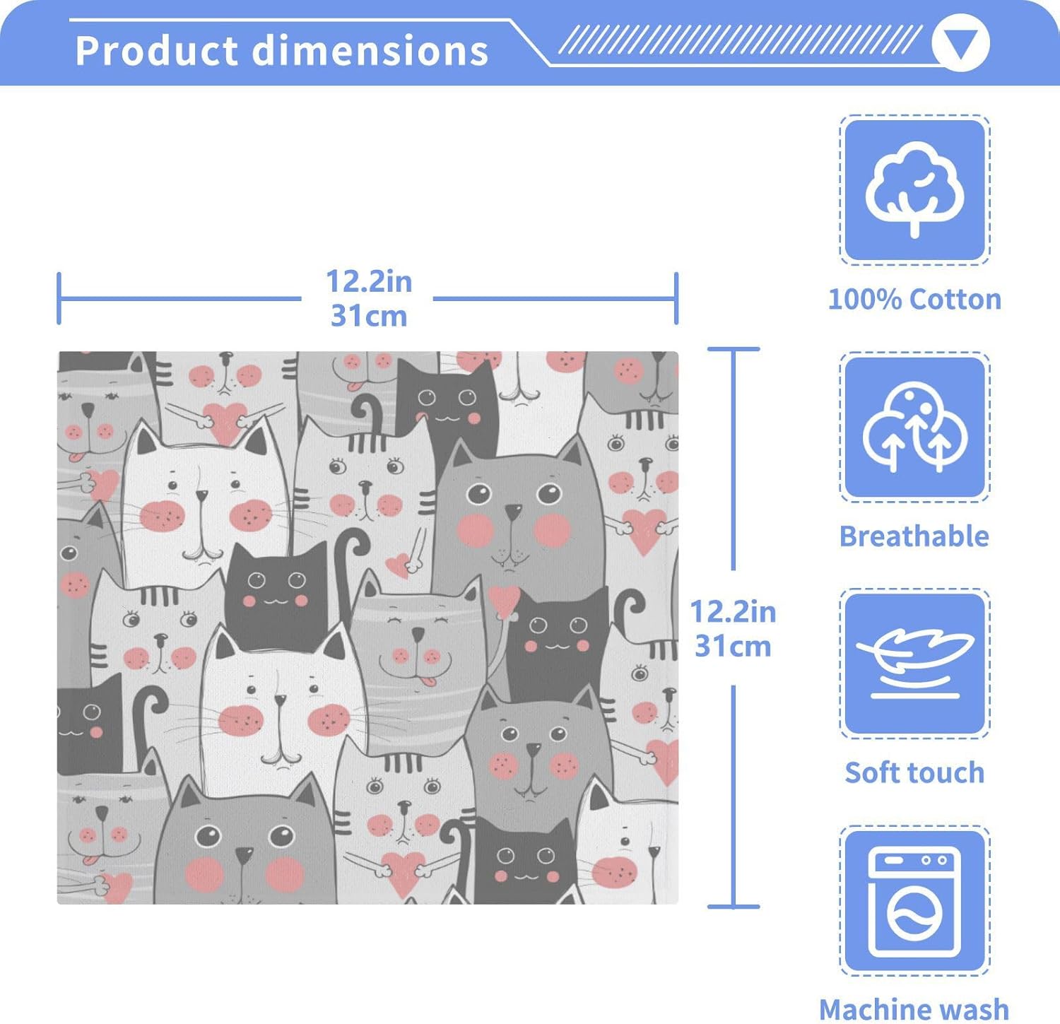 2 x Grey Cat Cotton Washcloths Highly Absorbent Soft Multi-Purpose Towels