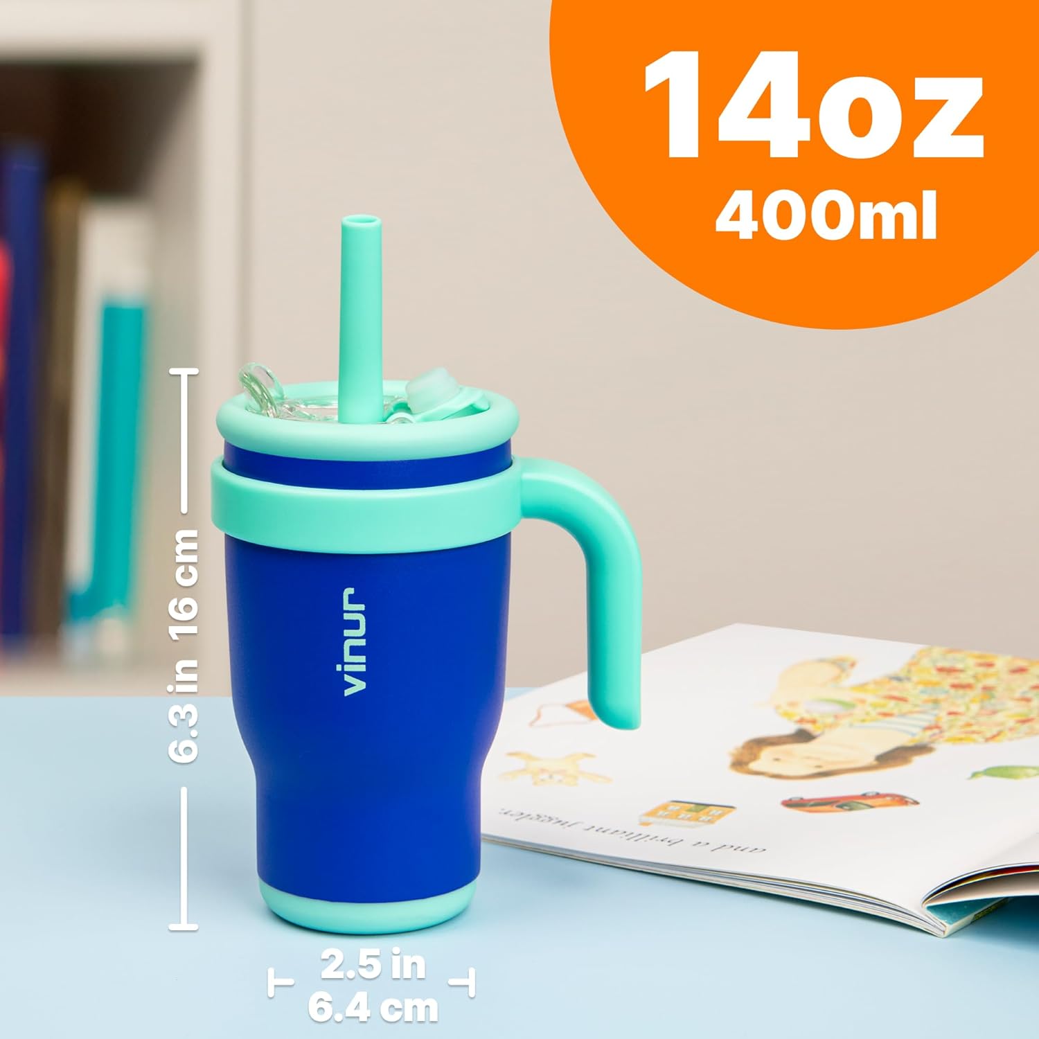 VINUR 14 oz Kids Tumbler with Handle and Straw Lid - 2 Pack