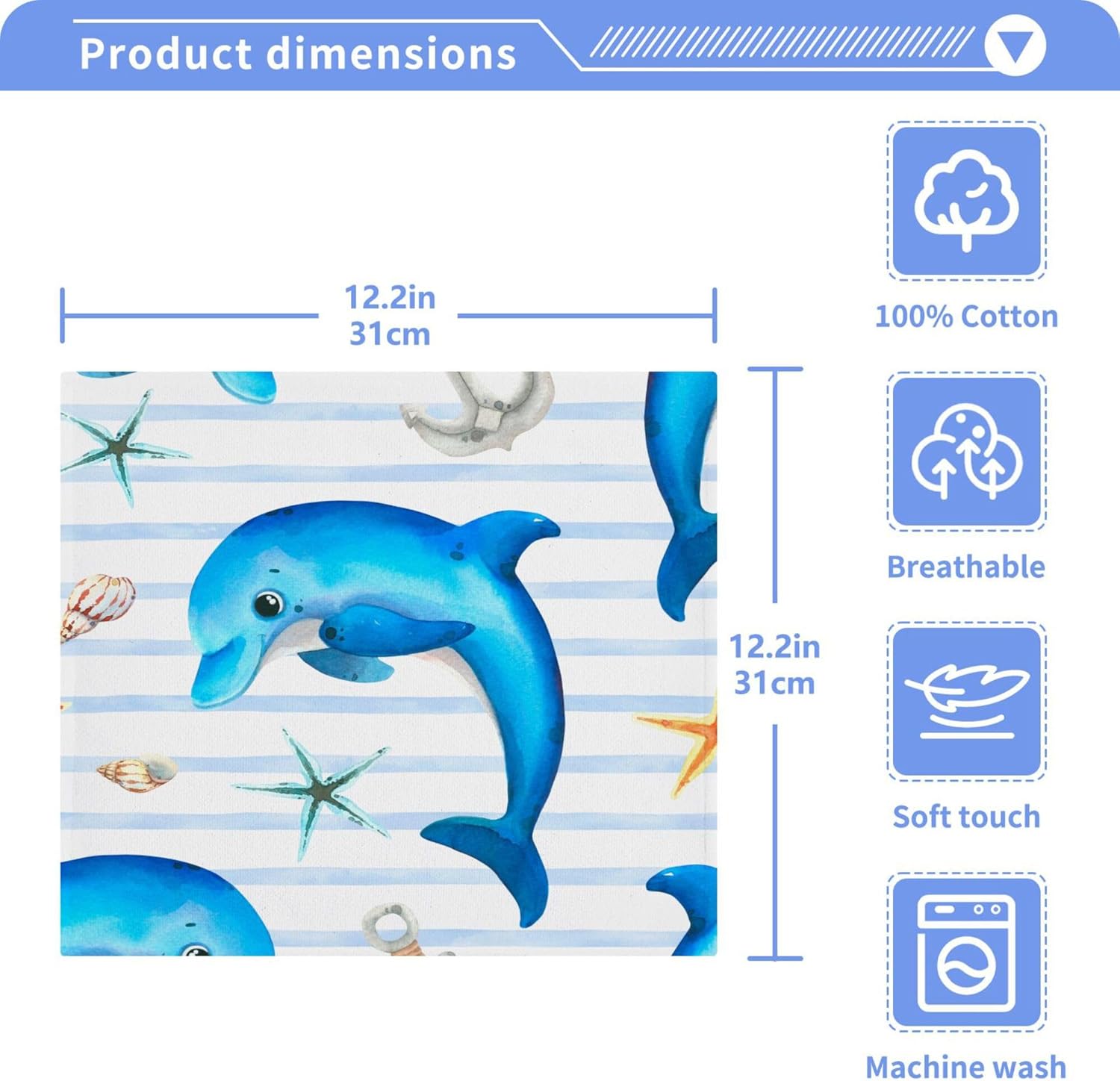 Xigua Cute Dolphin Washcloths Set of 2 12x12 Inch