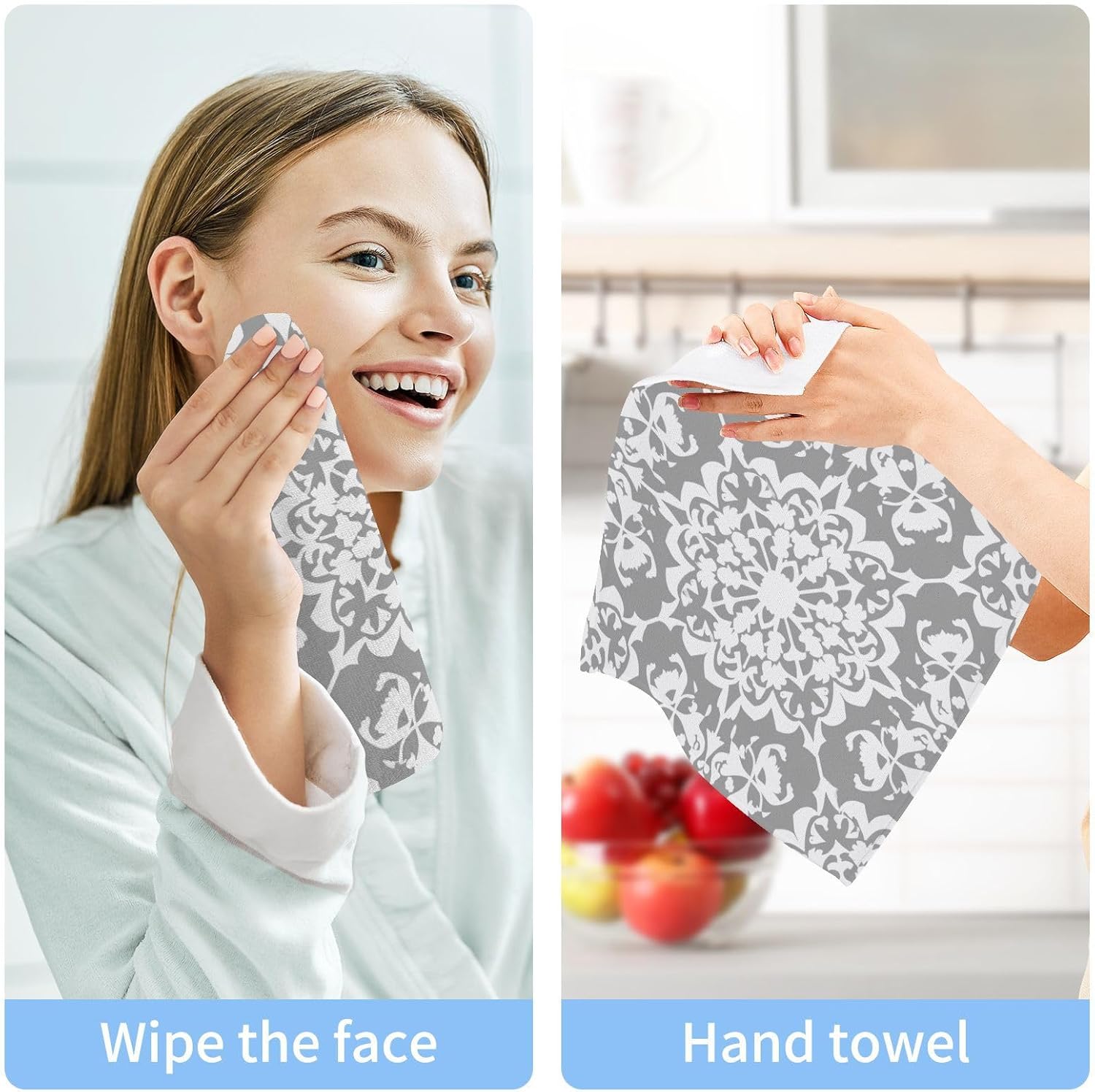 Kigai Grey Ornament Washcloths - Soft Absorbent 12x12-inch Premium Face Hand Towels
