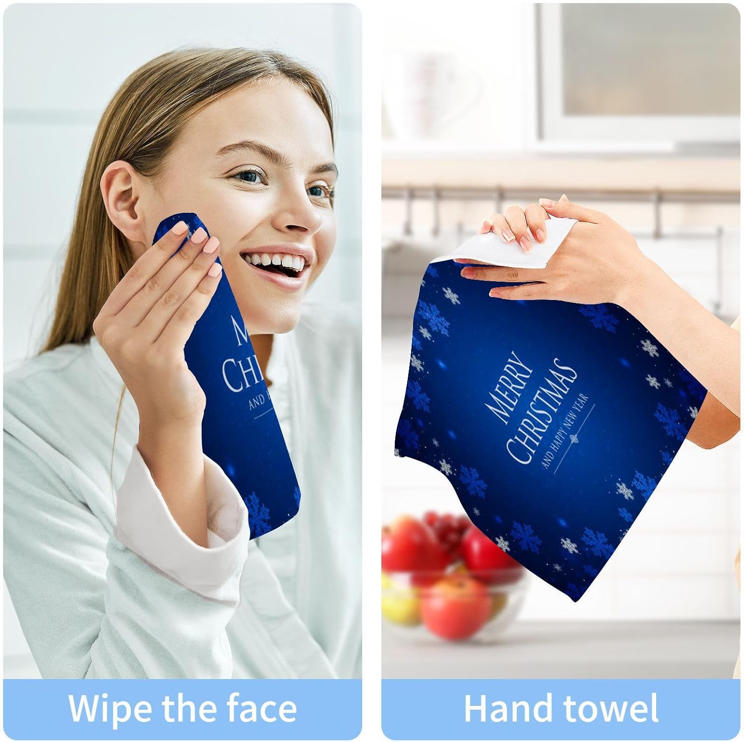 Merry Christmas Blue Washcloths 2 Pack Soft Absorbent Cotton Face Towels
