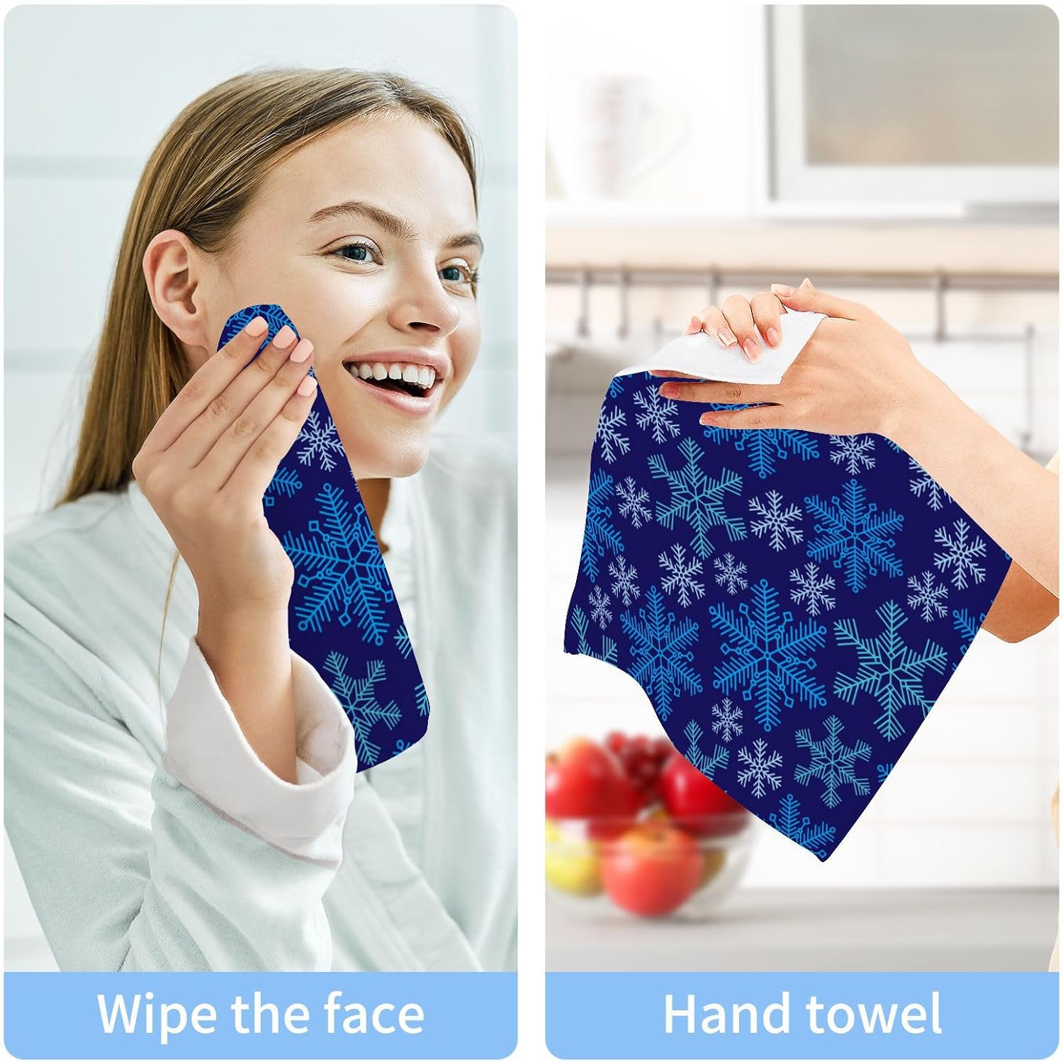 Blue Snowflake Washcloths Soft Cotton Face Towels - Reusable Washable 12x12