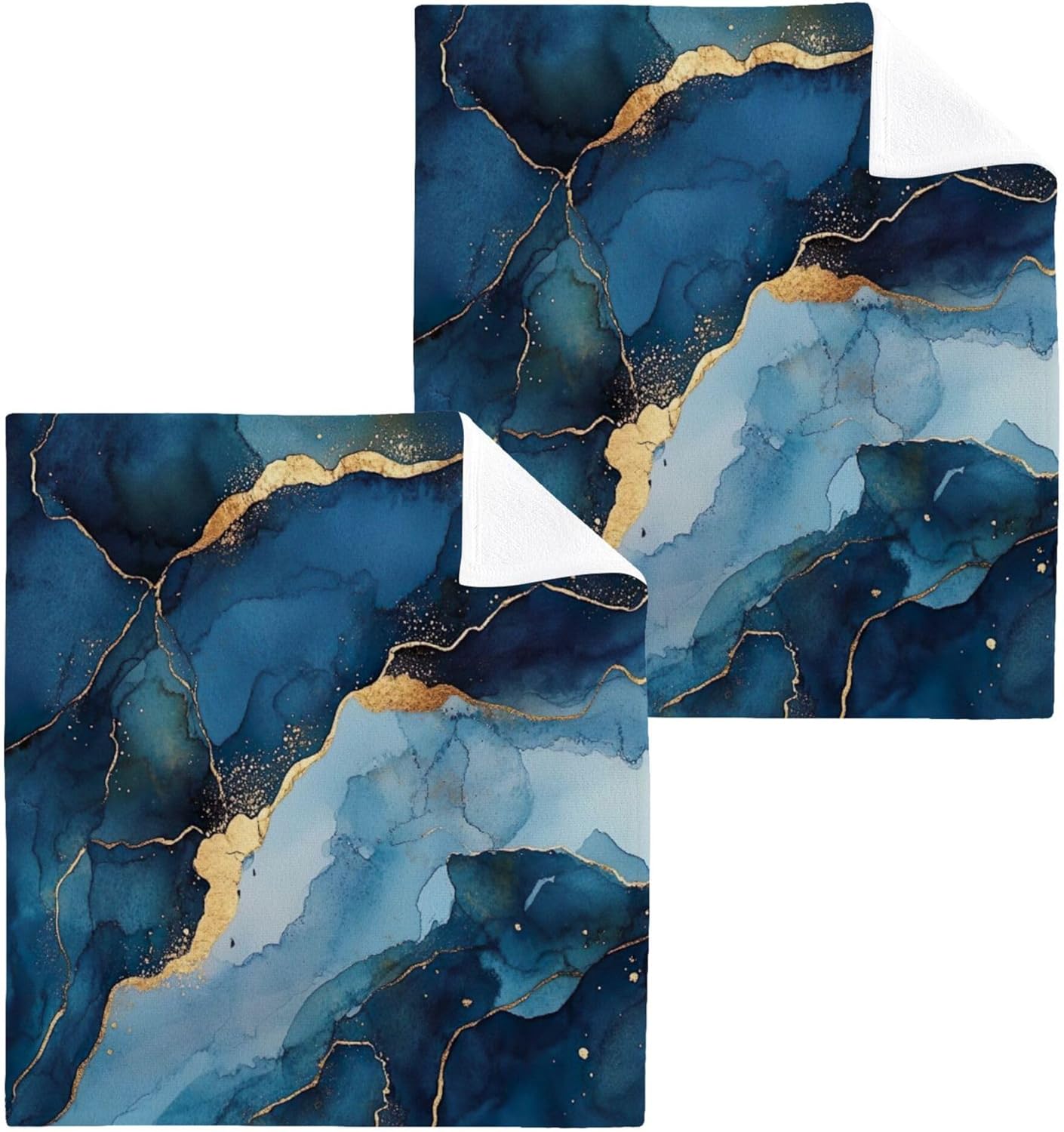 Xigua Blue and Gold Marble Washcloths Set of 2