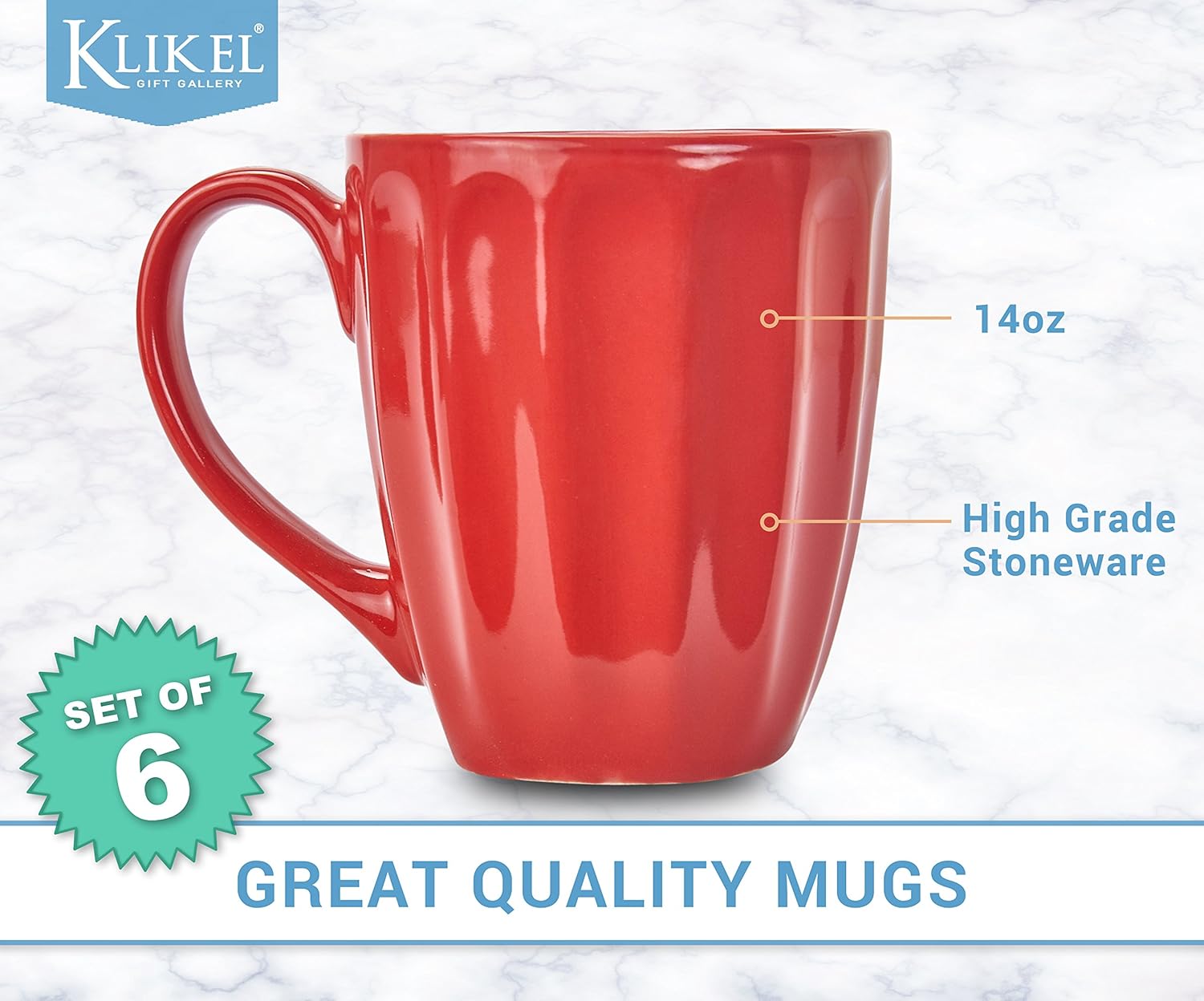 Klikel Coffee Mugs Set of 6 - Fluted Ceramic Mugs for Daily Use