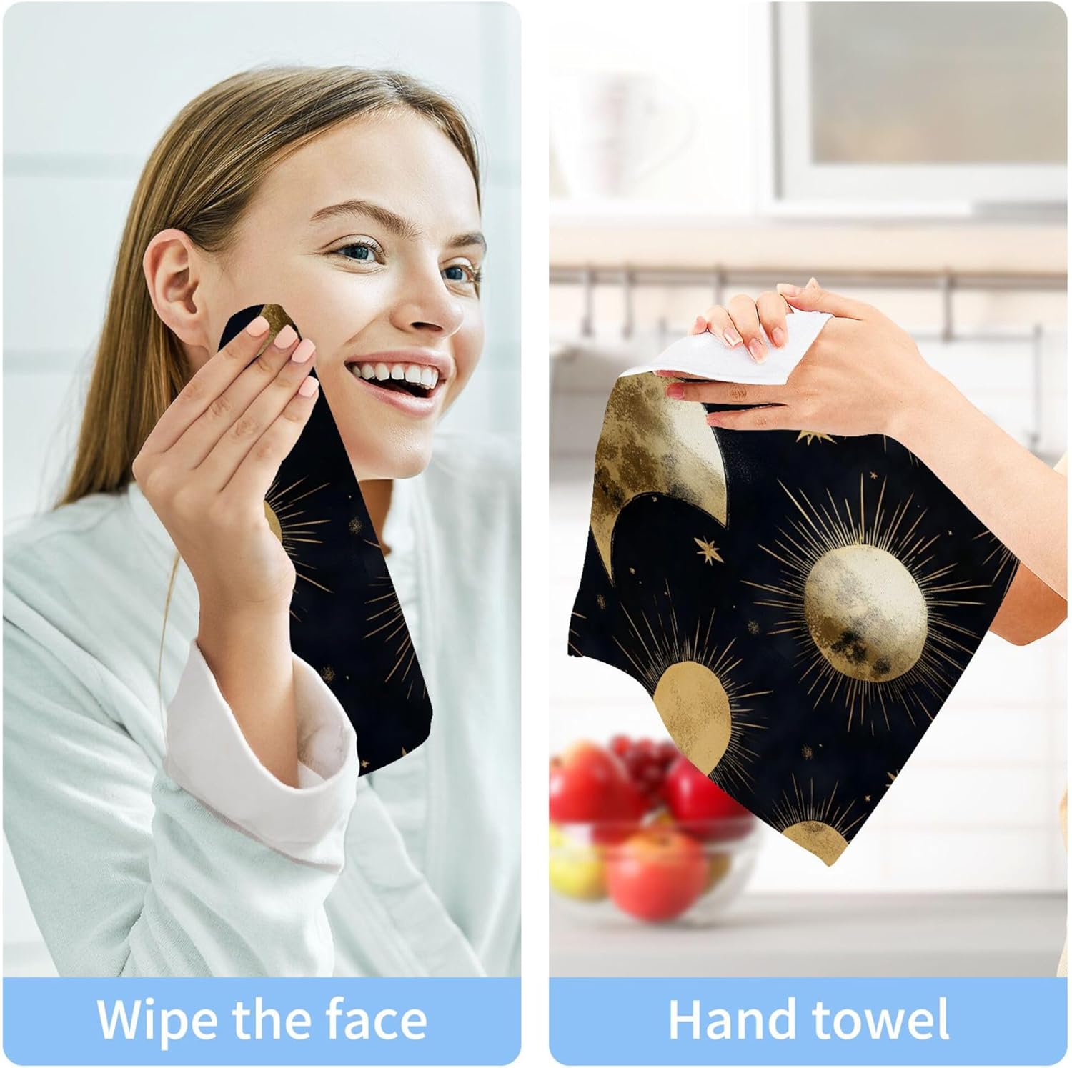 Xigua Gold Foil Washcloth Set 12x12 Moon and Star Design Fast Drying