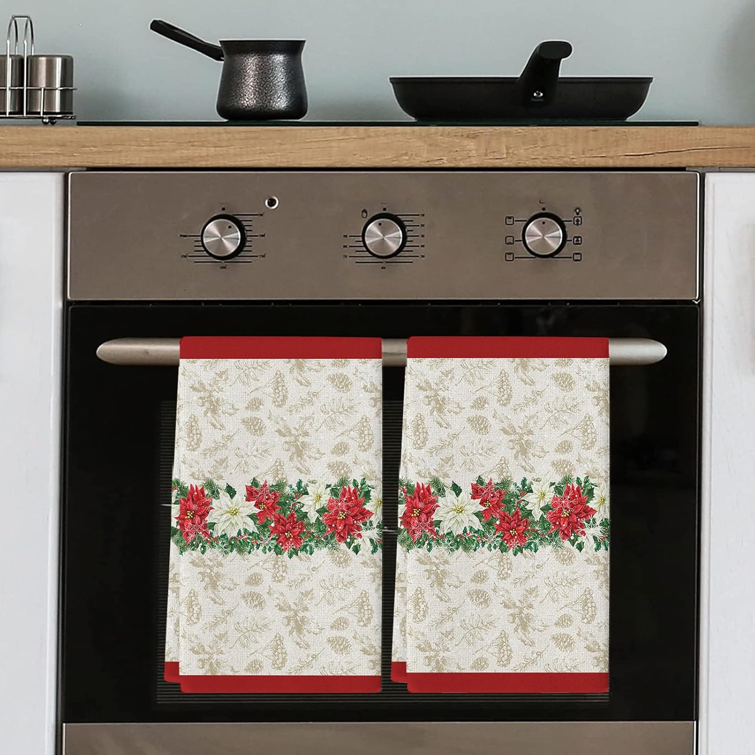 YOUNGKIDS Kitchen Towels Pack of 4 Poinsettia Design